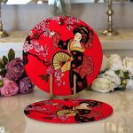 - Supla2li-5796-Gorsel1 - Realhomes Realhomes Çiçek Desenli Yelpazeli Japon Kız Motifli Modern 2'li Yuvarlak Servis Altlığı - Supla Realhomes