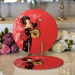 Realhomes Prenses Pembe Zeminli Yelpazeli Kadın Desenli Modern 2'li Yuvarlak Servis Altlığı - Supla Realhomes