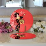 Realhomes Prenses Pembe Zeminli Yelpazeli Kadın Desenli Modern 2'li Yuvarlak Servis Altlığı - Supla Realhomes