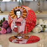 Realhomes Kahverengi Şemsiyeli Japon Bayan Motifli Dijital Baskılı Modern 2'li Yuvarlak Servis Altlığı - Supla Realhomes