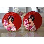 - Supla2li-5802-Gorsel2 - Realhomes  Realhomes Kırmızı Zeminli Pembe Yelpazeli Japon Kız Dijital Baskılı Modern 2'li Yuvarlak Servis Altlığı - Supla Realhomes
