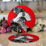 - Supla2li-5804-Gorsel1 - Realhomes Realhomes Kırmızı Zeminde Gri Japon Kız Motifli Modern 2'li Yuvarlak Servis Altlığı - Supla Realhomes