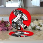 - Supla2li-5804-Gorsel3 - Realhomes Realhomes Kırmızı Zeminde Gri Japon Kız Motifli Modern 2'li Yuvarlak Servis Altlığı - Supla Realhomes