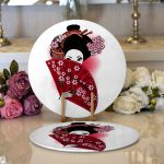 - Supla2li-5814-Gorsel1 - Realhomes Realhomes Kırmızı Yelpazeli Şaman Japon Kadın Dijital Baskılı Modern 2'li Yuvarlak Servis Altlığı - Supla Realhomes