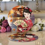 Realhomes Gül Motifli Yelpaze Tutan Japon Kadın Motifli Modern 2'li Yuvarlak Servis Altlığı - Supla Realhomes