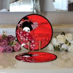 Realhomes Kırmızı Yelpazeli Şaman Japan Kadın Dijital Baskılı Modern 2'li Yuvarlak Servis Altlığı - Supla Realhomes