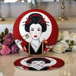 Realhomes Suşi Yiyen Japon Kız Motifli Modern 2'li Yuvarlak Servis Altlığı - Supla Realhomes