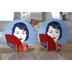 Realhomes Kırmızı Yelpazeli Mavi Zeminli Japon Kadın Modern 2'li Yuvarlak Servis Altlığı - Supla Realhomes