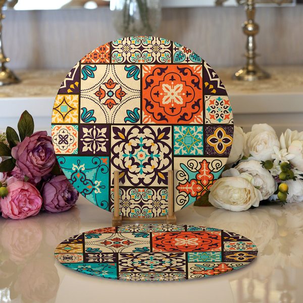 - Supla2li-6338-Gorsel1 - Realhomes  Realhomes Renkli Geometrik Desenli Mermer Motifli Dijital Baskılı Modern 2'li Yuvarlak Servis Altlığı - Supla Realhomes