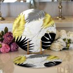 - Supla2li-7011-Gorsel1 - Realhomes Realhomes Mermer Zeminli Gold Ve Siyah Yapraklar Dijital Baskılı Modern 2'li Yuvarlak Servis Altlığı - Supla Realhomes