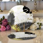 - Supla2li-7012-Gorsel1 - Realhomes Realhomes Mermer Zeminli Gold Ve Siyah Yapraklar Dijital Baskılı Modern 2'li Yuvarlak Servis Altlığı - Supla Realhomes