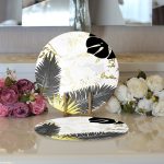 - Supla2li-7012-Gorsel3 - Realhomes Realhomes Mermer Zeminli Gold Ve Siyah Yapraklar Dijital Baskılı Modern 2'li Yuvarlak Servis Altlığı - Supla Realhomes