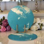 - Supla2li-7044-Gorsel1 - Realhomes Realhomes Turkuaz Zeminde Gold Detaylı Dijital Baskılı Modern 2'li Yuvarlak Servis Altlığı - Supla Realhomes