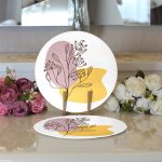 Realhomes Sarı Pubra Renkli İnce Dal Motifli Dijital Baskılı Modern 2'li Yuvarlak Servis Altlığı - Supla Realhomes