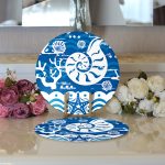 - Supla2li-7111-Gorsel3 - Realhomes Realhomes Mavi Zeminli Deniz Feneri Desenli Dijital Baskılı Modern 2'li Yuvarlak Servis Altlığı - Supla Realhomes