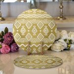 Realhomes Gold Zeminde Beyaz Bohem Çizimli Dijital Baskılı Modern 2'li Yuvarlak Servis Altlığı - Supla Realhomes