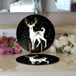 - Supla2li-7146-Gorsel3 - Realhomes Realhomes Siyah Zeminnde Geyik Desenli Dijital Baskılı Modern 2'li Yuvarlak Servis Altlığı - Supla Realhomes