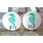 Realhomes Beyaz Zeminde Yeşil Renkli Deniz Atı Desenli Dijital Baskılı Modern 2'li Yuvarlak Servis Altlığı - Supla Realhomes