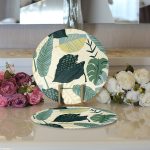 - Supla2li-7245-Gorsel3 - Realhomes  Realhomes Soft Renkli Zemin Üzerinde Koyu Renkli Yaprak Desenli 2'li Yuvarlak Servis Altlığı - Supla Realhomes