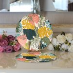 Realhomes Pudra Zeminde Renkli Yaprak Desenli Dijital Baskılı Modern 2'li Yuvarlak Servis Altlığı - Supla Realhomes