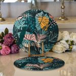 Realhomes Siyah Zeminde Renkli Yaprak Desenli Dijital Baskılı Modern 2'li Yuvarlak Servis Altlığı - Supla Realhomes