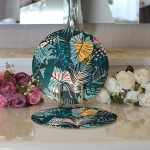 Realhomes Siyah Zeminde Renkli Yaprak Desenli Dijital Baskılı Modern 2'li Yuvarlak Servis Altlığı - Supla Realhomes