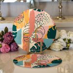 - Supla2li-7267-Gorsel1 - Realhomes Realhomes Renkli Zemin Üzerinde Onedraw Çizimli Yapraklar Modern 2'li Yuvarlak Servis Altlığı - Supla Realhomes