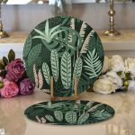 - Supla2li-7269-Gorsel1 - Realhomes  Realhomes Yeşil Zemin Üzerinde Onedraw Çizimli Yaprak Desenli 2'li Yuvarlak Servis Altlığı - Supla Realhomes