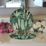 - Supla2li-7269-Gorsel3 - Realhomes  Realhomes Yeşil Zemin Üzerinde Onedraw Çizimli Yaprak Desenli 2'li Yuvarlak Servis Altlığı - Supla Realhomes