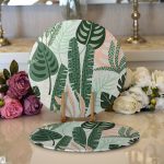 - Supla2li-7270-Gorsel1 - Realhomes Realhomes Soft Renkli Zemin Üzerinde Koyu Renkli Yaprak Desenli 2'li Yuvarlak Servis Altlığı - Supla Realhomes