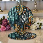 Realhomes Siyah Zemin Üzerinde Yaprak Desenli Dijital Baskılı Modern 2'li Yuvarlak Servis Altlığı - Supla Realhomes