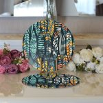 Realhomes Siyah Zemin Üzerinde Yaprak Desenli Dijital Baskılı Modern 2'li Yuvarlak Servis Altlığı - Supla Realhomes