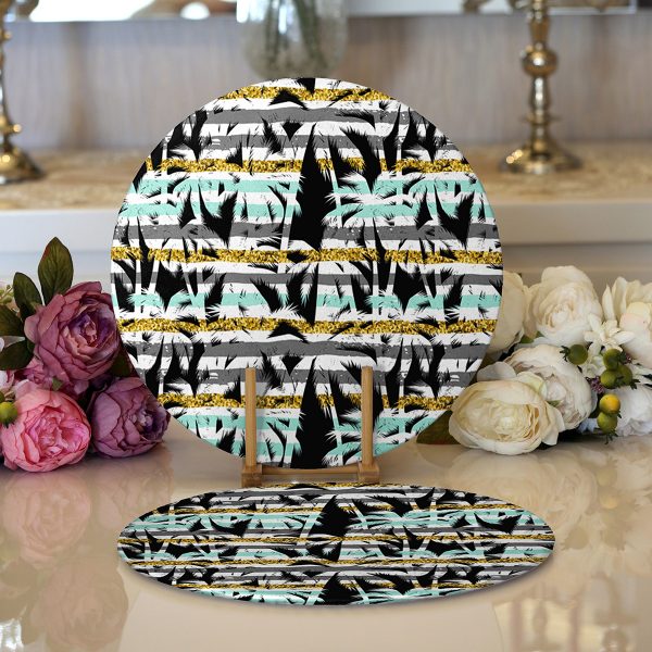 - Supla2li-7300-Gorsel1 - Realhomes  Realhomes Siyah Zemin Üzerinde Yeşil Yaprak Desenli 2'li Yuvarlak Servis Altlığı - Supla Realhomes