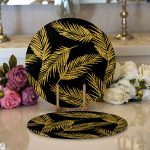 - Supla2li-7301-Gorsel1 - Realhomes Realhomes Siyah Zemin Üzerinde Gold Renkli Yaprak Desenli Modern 2'li Yuvarlak Servis Altlığı - Supla Realhomes