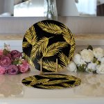 - Supla2li-7301-Gorsel3 - Realhomes Realhomes Siyah Zemin Üzerinde Gold Renkli Yaprak Desenli Modern 2'li Yuvarlak Servis Altlığı - Supla Realhomes