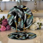 - Supla2li-7303-Gorsel1 - Realhomes Realhomes Siyah Zemin Üzerinde Yaprak Desenli Dijital Baskılı Modern 2'li Yuvarlak Servis Altlığı - Supla Realhomes