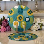 - Supla2li-7304-Gorsel1 - Realhomes Realhomes Renkli Zemin Üzerinde Yaprak Motifli Dijital Baskılı Modern 2'li Yuvarlak Servis Altlığı - Supla Realhomes