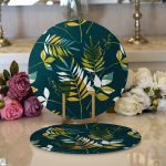 Realhomes Renkli Zemin Üzerinde Yaprak Motifli Dijital Baskılı Modern 2'li Yuvarlak Servis Altlığı - Supla Realhomes