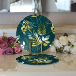 Realhomes Renkli Zemin Üzerinde Yaprak Motifli Dijital Baskılı Modern 2'li Yuvarlak Servis Altlığı - Supla Realhomes