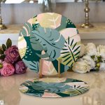 - Supla2li-7313-Gorsel1 - Realhomes  Realhomes Renkli Zemin Üzerinde Soyut Çizimli Yaprak Motifli Modern 2'li Yuvarlak Servis Altlığı - Supla Realhomes