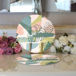 - Supla2li-7315-Gorsel3 - Realhomes Realhomes Soft Renkli Zemin Üzerinde Onedraw Çizimli Yaprak Motifli 2'li Yuvarlak Servis Altlığı - Supla Realhomes