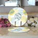 - Supla2li-7324-Gorsel3 - Realhomes Realhomes Beyaz Zemin Üzerinde Soft Renkli Yaprak Motifli Modern 2'li Yuvarlak Servis Altlığı - Supla Realhomes