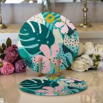 - Supla2li-7353-Gorsel1 - Realhomes Realhomes Renkli Zemin Üzerinde Yaprak Motifli Dijital Baskılı Modern 2'li Yuvarlak Servis Altlığı - Supla Realhomes