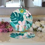 - Supla2li-7353-Gorsel3 - Realhomes Realhomes Renkli Zemin Üzerinde Yaprak Motifli Dijital Baskılı Modern 2'li Yuvarlak Servis Altlığı - Supla Realhomes