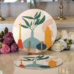 Realhomes Renkli Zeminde Onedraw Çizimli Vazo Temalı Dijital Baskılı Modern 2'li Yuvarlak Servis Altlığı - Supla Realhomes