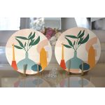 Realhomes Renkli Zeminde Onedraw Çizimli Vazo Temalı Dijital Baskılı Modern 2'li Yuvarlak Servis Altlığı - Supla Realhomes