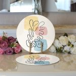 - Supla2li-7442-Gorsel3 - Realhomes  Realhomes Renkli Zeminde Onedraw Çizimli Yaprak Desenli Dijital Baskılı Modern 2'li Yuvarlak Servis Altlığı - Supla Realhomes