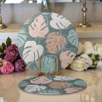 Realhomes Renkli Zeminli Yaprak Desenli Dijital Baskılı Modern 2'li Yuvarlak Servis Altlığı - Supla Realhomes