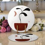 Realhomes Renkli Zemimli Onedraw Çizimli Yaprak Desenli Dijital Baskılı Modern 2'li Yuvarlak Servis Altlığı - Supla Realhomes