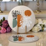 - Supla2li-7580-Gorsel1 - Realhomes  Realhomes Pastel Zeminli Yaprak Desenli Dijital Baskılı Modern 2'li Yuvarlak Servis Altlığı - Supla Realhomes